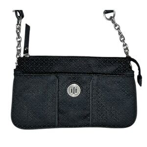 TOMMY HILFIGER Black Jacquard Crossbody Bag TH Monogram Silver Tone Chain Strap